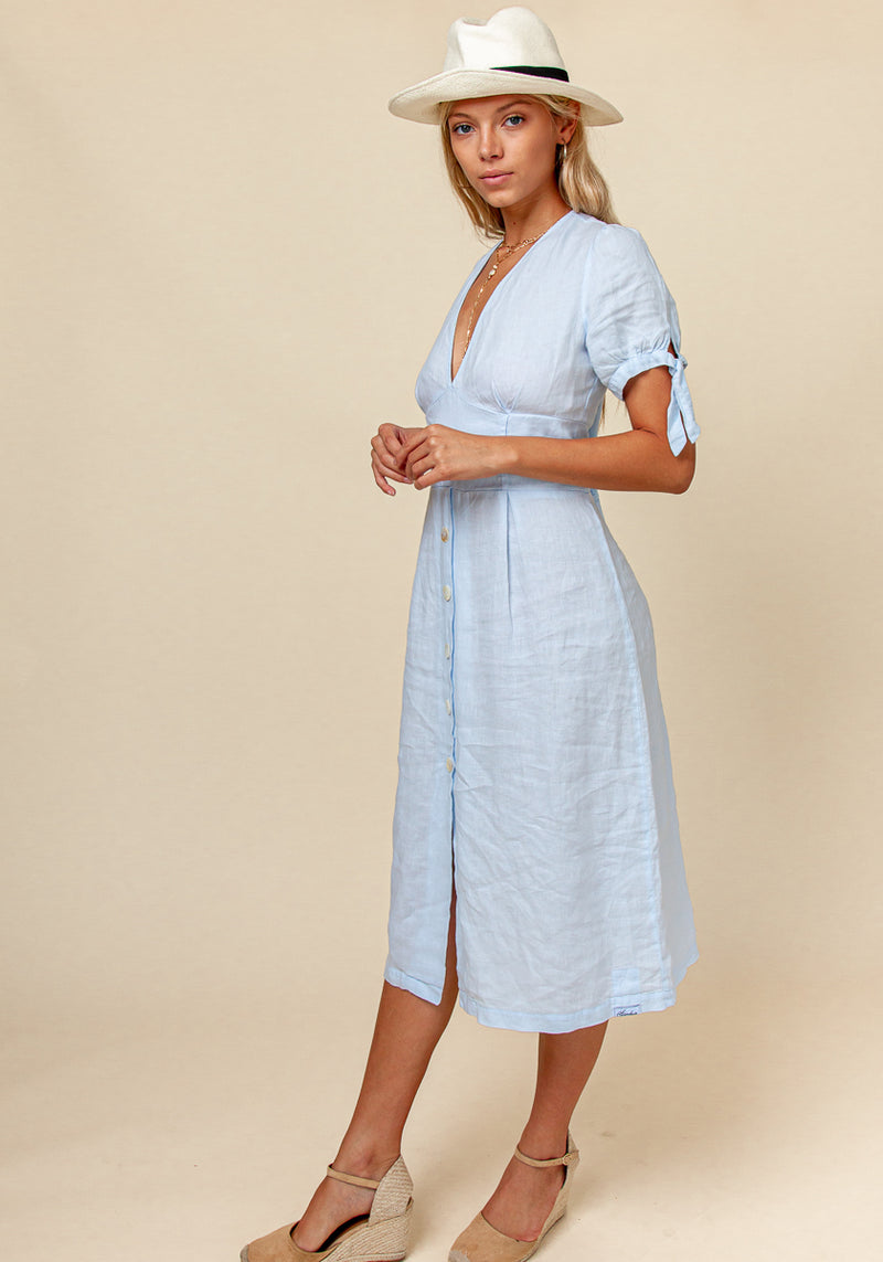 Women's Linen Deep-V Dress with Button Details