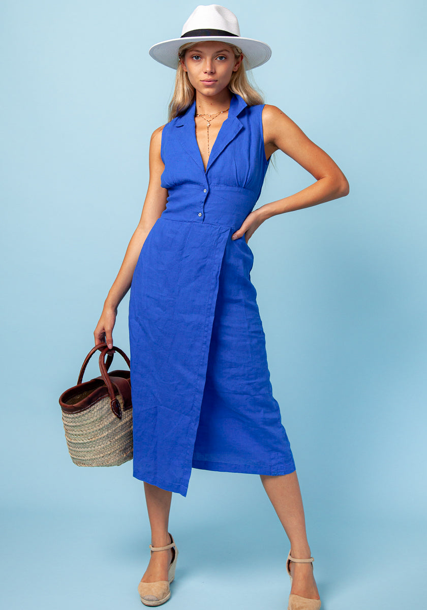 100% LINEN SLEEVELESS DRESS WITH COLLAR - LONG S to XXXL - Claudio Milano