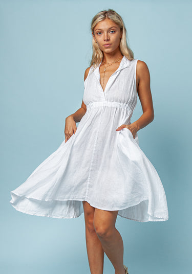 100% LINEN SLEEVELESS DRESS WITH ELASTIC WAIST AND SHOULDER DETAIL S to XXXL - Claudio Milano 