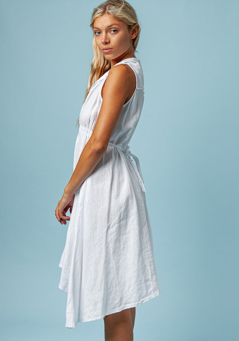 100% LINEN SLEEVELESS DRESS WITH ELASTIC WAIST AND SHOULDER DETAIL S to XXXL - Claudio Milano 