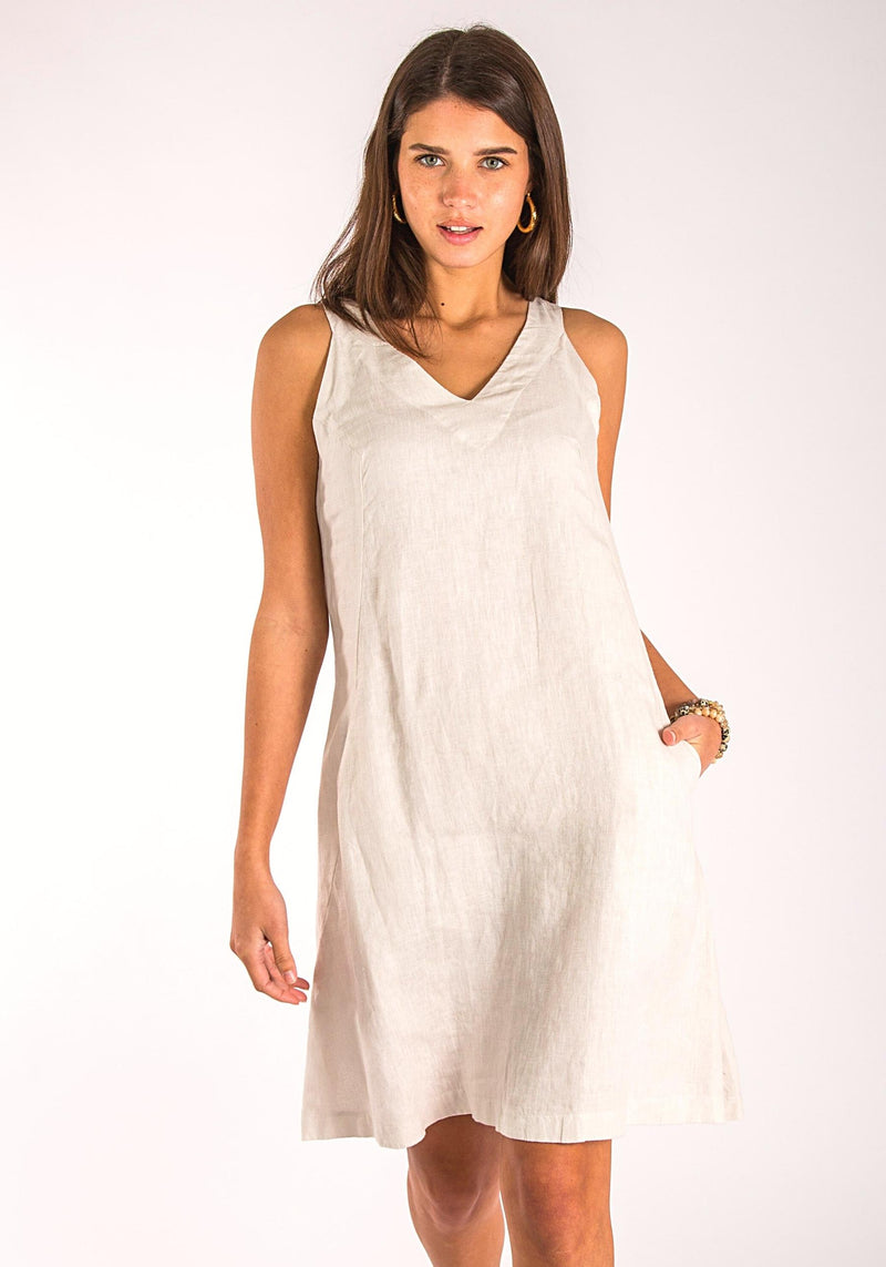 Women's Linen Sleeveless V-Neck Dress with Pockets