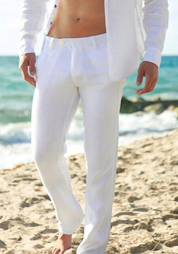 LINEN MEN PANT SUMMER CLOTHING WHITE COLOR ALSO AVAILABLE IN BLACK, NAVY, DENIM, GRAY, BLUE AND GRAY. 100% NATURAL ITALIAN STYLE PANT WITH POCKETS #1212