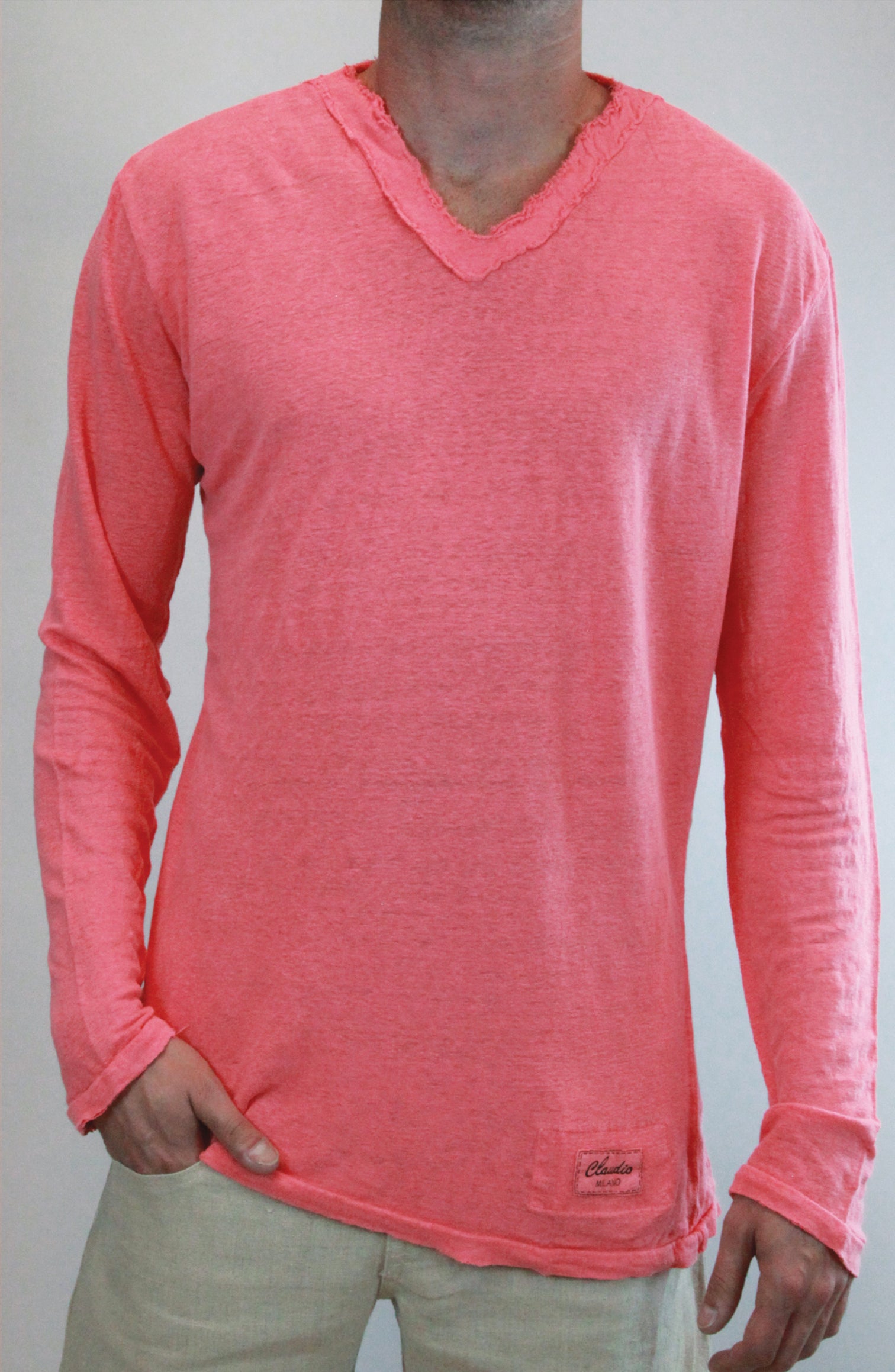 Jersey Linen Fitted Long Sleeve V-Neck T-Shirt in coral