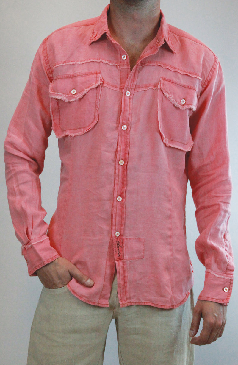 100% LINEN LONG SLEEVE 2 POCKET BUTTON DOWN SHIRT WITH UNFINISHED EDGES S to XXXL - Claudio Milano 