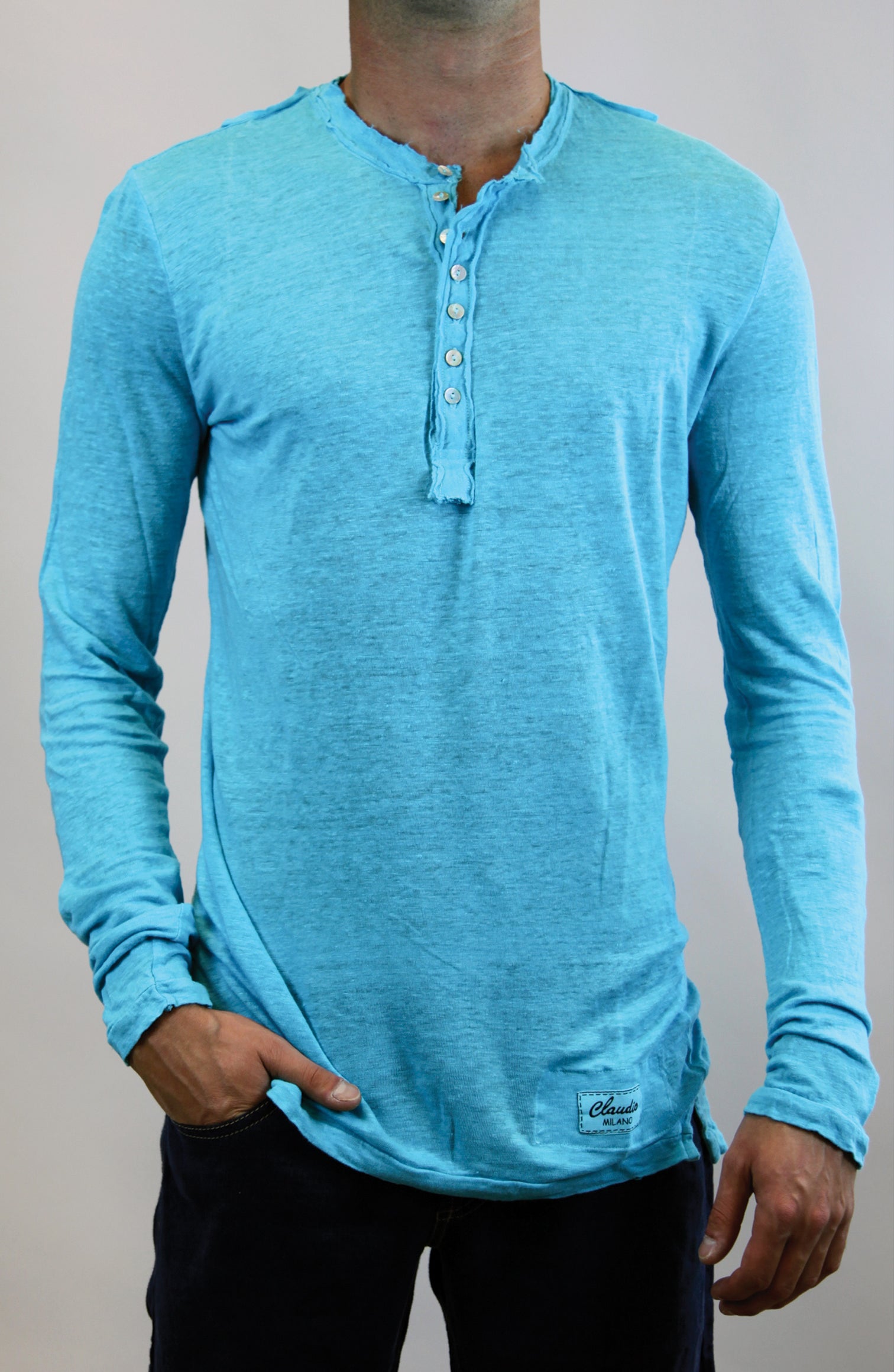 Jersey Linen Fitted Long Sleeve Henley T-Shirt in tuquoise