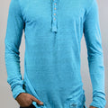 Jersey Linen Fitted Long Sleeve Henley T-Shirt in tuquoise